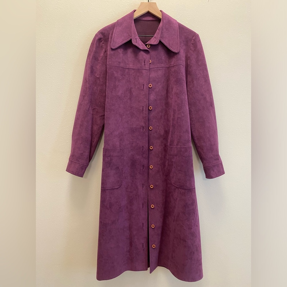 Vintage Womens Purple Suede Like Long Coat Shirt Jacket Boho Bohemian Retro